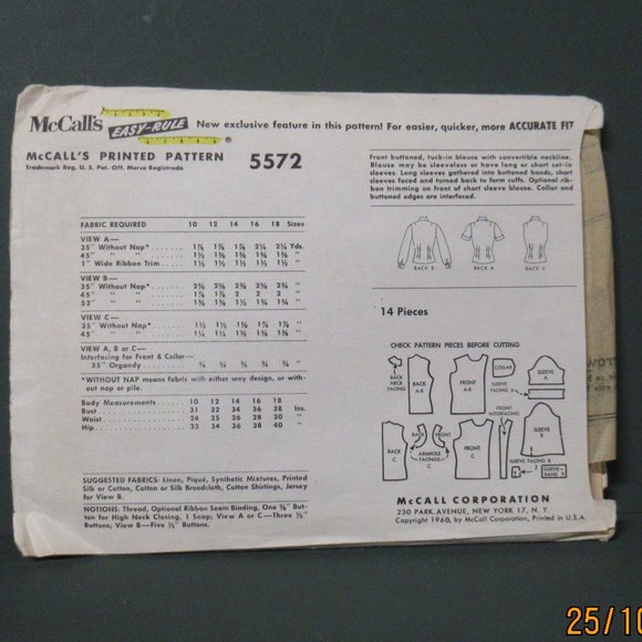 1960 McCall's 5572 Easy Sew Blouses Pattern Sz 12 - Picture 2 of 2